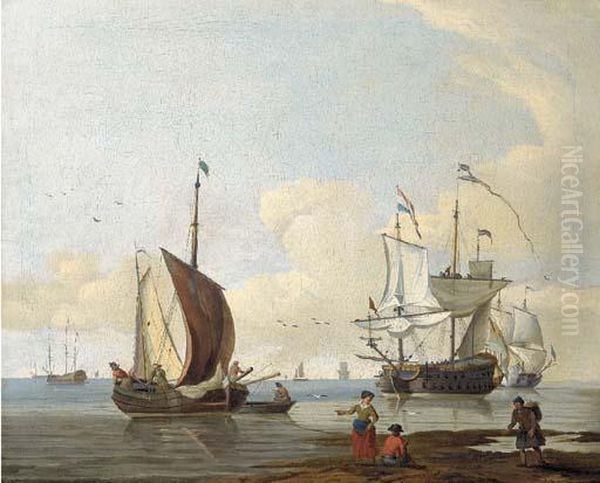 Dutch Men'o-war And Other Shipping In Calm Seas, Figures On A Beach In The Foreground - view 1
