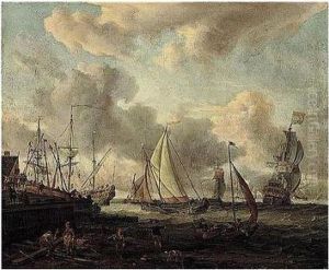 Dutch Men-o'-war And Fishing Boats In An Estuary by Abraham Storck