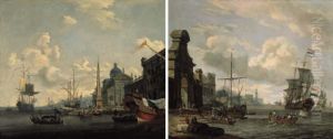 Capricci Of Mediterranean Harbours With Shipping And Merchants On Quays By Obelisks by Abraham Storck