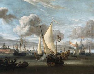 Shipping In The Harbour Of 
Amsterdam With A Dutch East India Company Yacht And A State Barge In The
 Foreground