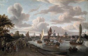 A View Of Amsterdam With A
Trekschuit And Smalschepen On The Riverbuiten-amstel Near The Hooge
Sluis, With Elegant Figures, Carriagesand Townsfolk Promenading Along
The Bank, The Towers Of Thezuiderkerk And The Oude Kerk, The Windmills
Groen, De B by Abraham Storck