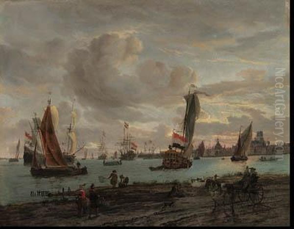 Shipping Off Rotterdam With Fisherfolk And An Elegant Couple In Atrap On A Rutted Track - view 1