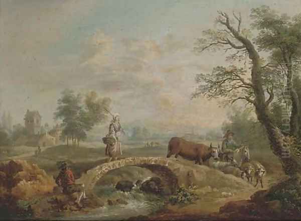 A river landscape with a shepherd and shepherdess crossing a bridge - view 1