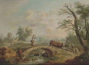 A river landscape with a shepherd and shepherdess crossing a bridge by French School