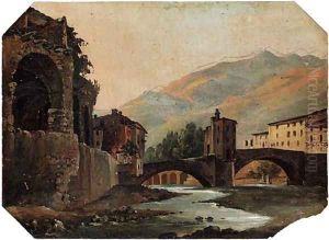 A view of Bagni di Lucca and A road through a gorge with ruins on a mountain beyond by French School