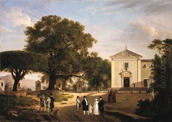 A view of the town square of Albano with monks walking before a Franciscan church 2 - view 1
