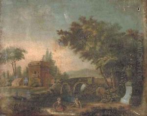 A wooded river landscape with a couple on the river bank, a bridge beyond