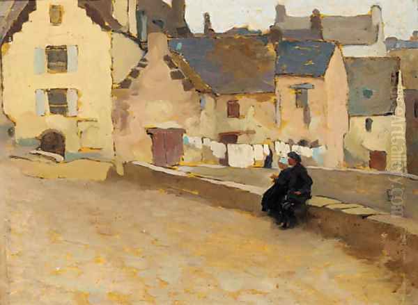 An elderly couple sitting at the side of a village street - view 1