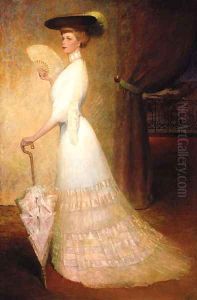 An Elegant Lady In A White Dress With A Parasol And A Fan by French School