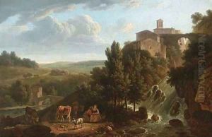 An Italianate river landscape with a village on a cliff and two shepherdesses by a waterfall by French School