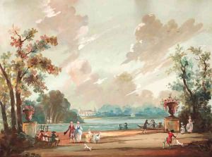 Elegant figures strolling in an ornamental garden