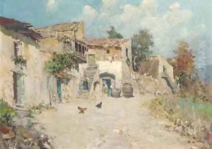 Figures in a sunlit farmyard