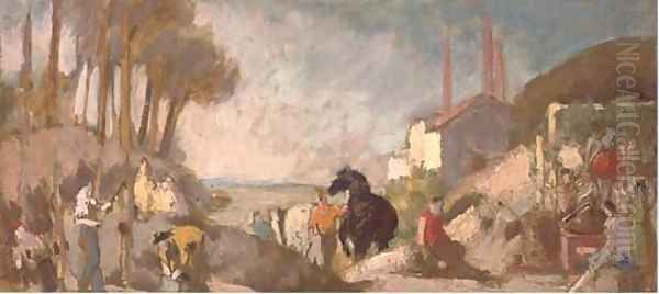 Figures working in an industrial landscape - view 1