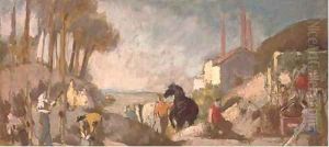 Figures working in an industrial landscape by French School