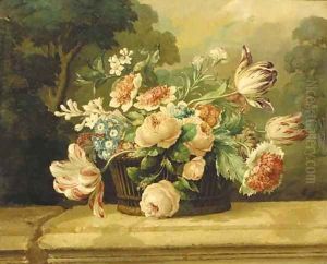 Mixed flowers in a basket on a stone ledge