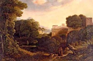 Monks before an abbey in a landscape by French School