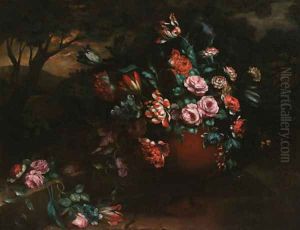 Parrot tulips, roses and carnations in an urn before a wooded landscape by French School