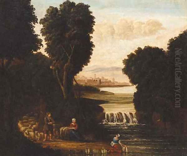 Peasants and sheep by a weir with a town beyond - view 1