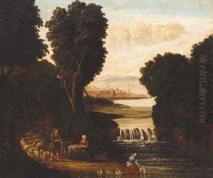 Peasants and sheep by a weir with a town beyond