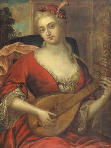 Portrait of a lady wearing a red dress with lace chemise and feathered red cap, playing the lute