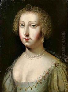 Portrait of a lady, bust-length, in a white dress, a string of pearls around her neck