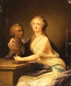 Portrait of a Lady, en deshabill, seated three-quarter length in a white dress, by a bust by French School
