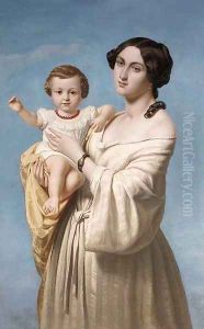 Portrait of a mother, standing, with her child in her arms
