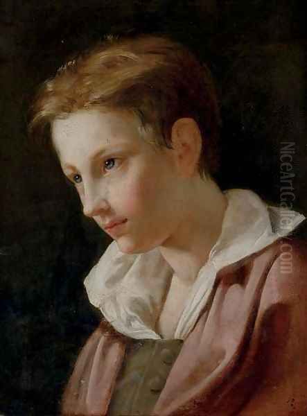 Portrait of a young boy, in a grey vest and red jacket - view 1