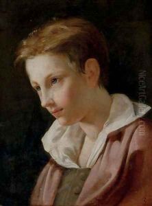 Portrait of a young boy, in a grey vest and red jacket by French School