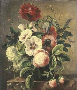 Roses and other flowers in a vase on a pedestal