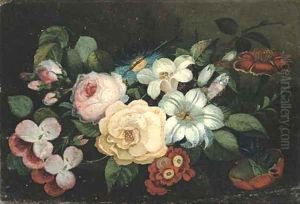 Roses, lilies, pinks, pansies and other flowers by French School