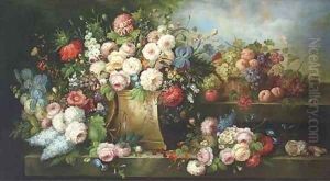 Summer flowers, a bird's nest, shells and a basket of fruit on a stone ledge