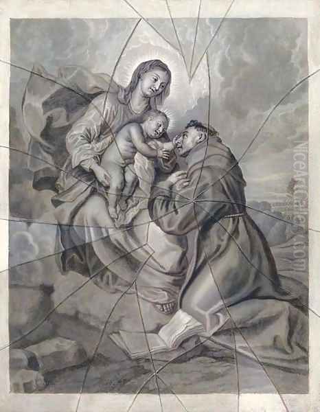 The Vision of Saint Antony a trompe l'oeil of an engraving under shattered glass - view 1