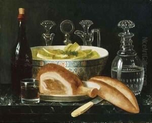 A bottle of wine, a glass by French School