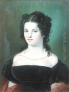 A portrait of a lady wearing a black dress and a string of pearls