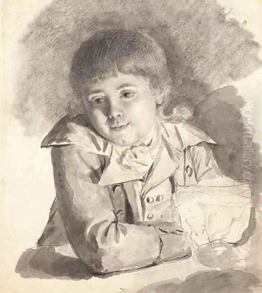 A seated boy holding a candle wrapped in paper - view 1