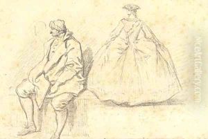 A seated figure in a heavy coat and a woman by French School
