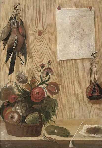 A trompe l'oeil of birds hanging from a nail and a drawing stuck to a woooden partition - view 1