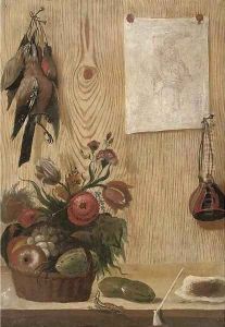 A trompe l'oeil of birds hanging from a nail and a drawing stuck to a woooden partition