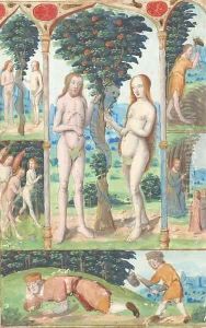 Adam and Eve with the Tree of Knowledge surrounded by the story of Adam and Eve by French School