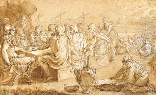 Aeneas and his followers seated around a table - view 1