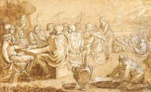 Aeneas and his followers seated around a table by French School