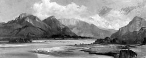 An extensive mountainous river landscape by French School