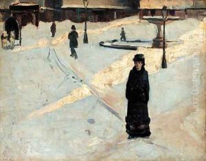 Femme dans une rue enneigee by French School