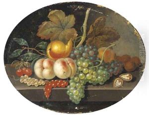 Grapes, peaches, a pear, walnuts, cherries and currants on a ledge by French School