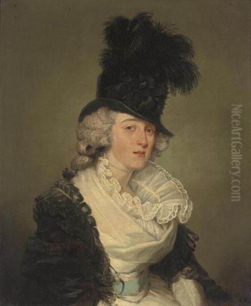 Portrait Of A Lady,
Traditionally Identified As Lady Trent,half-length, In A White Dress
With Blue Sash And A Black Lace Coat,with A Black Plumed Hat - view 1