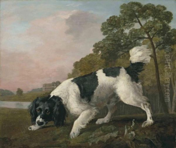 A Black And White Spaniel
Following A Scent, In A Landscape With Alake And A Country House Beyond - view 1