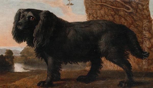 A Black Spaniel In A Landscape - view 1