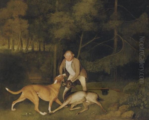 Thomas Freeman, Lord Clarendon's
 Gamekeeper, With A Dog And A Shotdoe In A Wooded River Landscape, His 
Gun And Hat Beside Him - view 1
