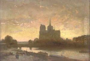 Notre Dame, Paris, at sunset by French School